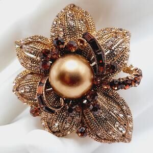 Vintage BJ Rhinestone Faux Pearl Flower Brooch or Pendant - 2 1/4 Inches